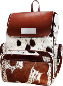 spazeup cowhide diaper bag backpack – cowhide backpack hair on brown and white knapsack travel shoulder bag dark brown & white