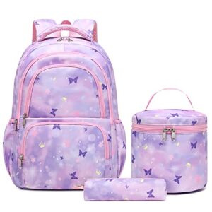 sunborls kawaii backpack cute butterfly exterior teen girls school bookbag with lunch pail pencil case 3pcs（purple）
