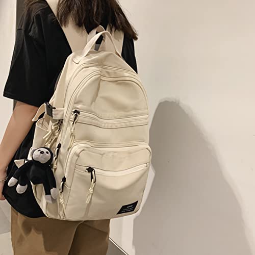 HIQUAY Large Backpack BasicRucksack for Teen Girls Aesthetic Student Bookbags with Pendant and Lots of Pockets for School (Off-White)