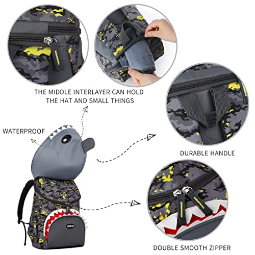 GEIHAB Shark Kids Backpack for Boys, 13 Inch Toddler Bookbag for Travel Elementary School Preschool with Waterproof Cap