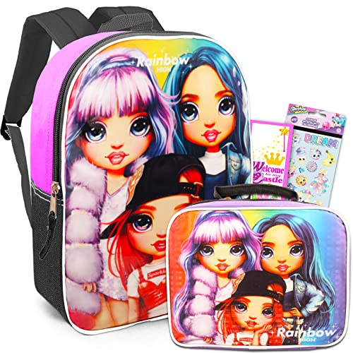 Rainbow Studios High School Supplies Set for Kids - Bundle with Rainbow High Insulated Lunch Bag and 16 Inch Backpack Plus Pikmi Pop Stickers, Temporary Tattoos, and More (Girls Back to School Set)