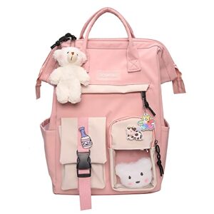 kawaii big capacity backpack with kawaii pin and accessories, cute aesthetic backpack teen girls backpacks for school (pink)