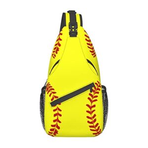 softball print sling bag crossbody backpack for men women yellow softball with red stitches cute sports ball pattern chest bag adjustable shoulder backpack gym sport travel hiking daypack outdoors
