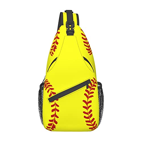 Softball Print Sling Bag Crossbody Backpack for Men Women Yellow Softball with Red Stitches Cute Sports Ball Pattern Chest Bag Adjustable Shoulder Backpack Gym Sport Travel Hiking Daypack Outdoors