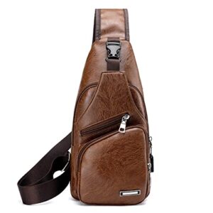 aolida qichuang men sling bag leather unbalance chest shoulder bags casual crossbody bag gift for men (brown)