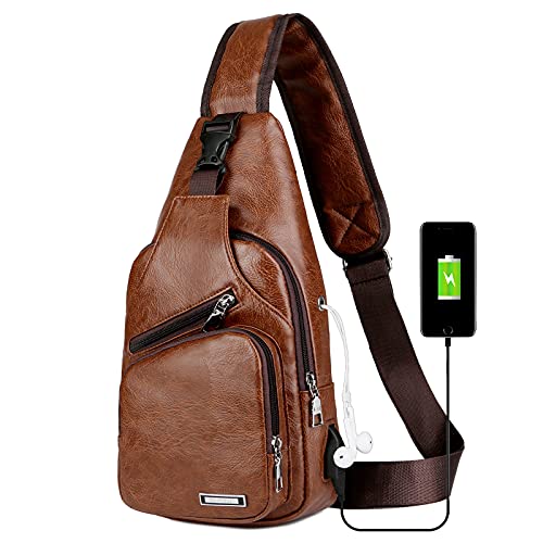 AOLIDA QICHUANG Men Sling Bag Leather Unbalance Chest Shoulder Bags Casual Crossbody Bag Gift for Men (brown)