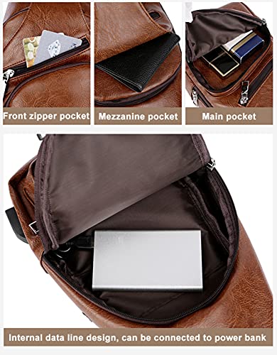 AOLIDA QICHUANG Men Sling Bag Leather Unbalance Chest Shoulder Bags Casual Crossbody Bag Gift for Men (brown)