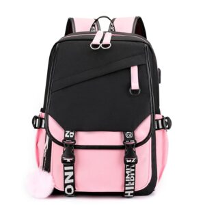 girls lightweight backpack casual usb backpack portable laptop computer bag durable teens book bag black and pink(17 in)
