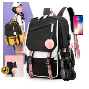 Girls Lightweight Backpack Casual USB Backpack Portable Laptop Computer Bag Durable Teens Book Bag Black and Pink(17 in)