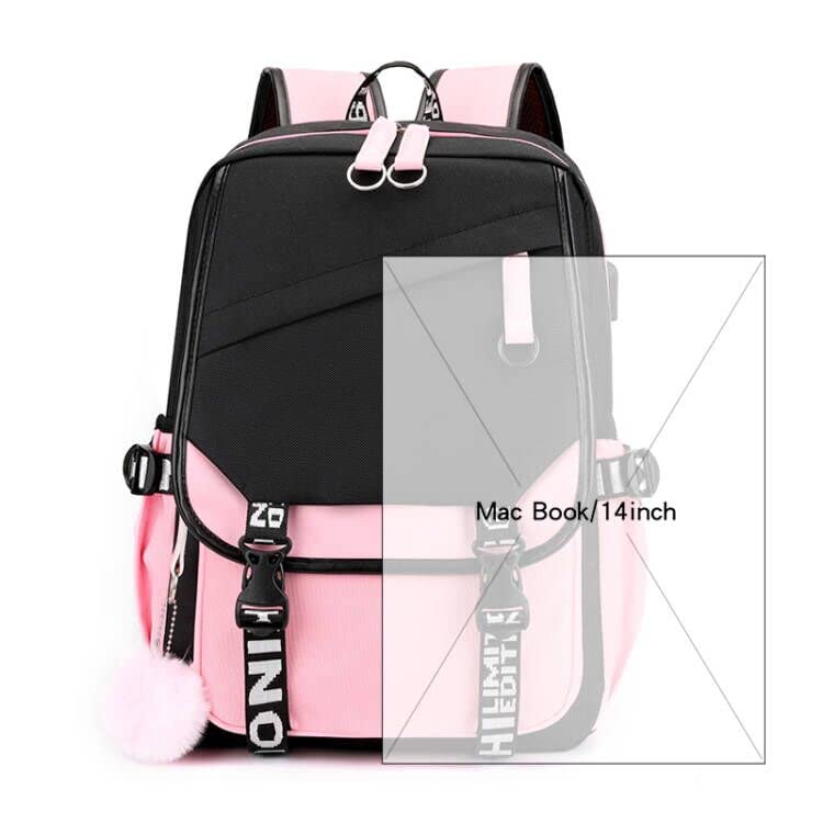 Girls Lightweight Backpack Casual USB Backpack Portable Laptop Computer Bag Durable Teens Book Bag Black and Pink(17 in)