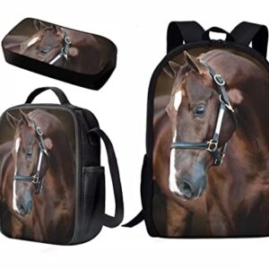 Pretty Brown Horse Set Print Animal Schoolbag Bookbag Kids/Boys/Girls Backpack Casual Daypack Lightweight Travel Simple Comfortable Backpack Set With Pencil Bag And Lunch Bag