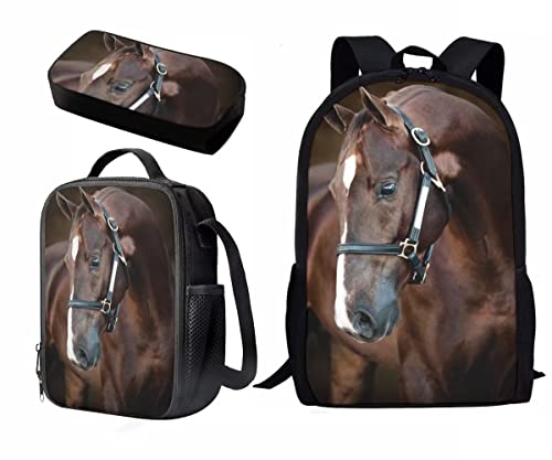 Pretty Brown Horse Set Print Animal Schoolbag Bookbag Kids/Boys/Girls Backpack Casual Daypack Lightweight Travel Simple Comfortable Backpack Set With Pencil Bag And Lunch Bag