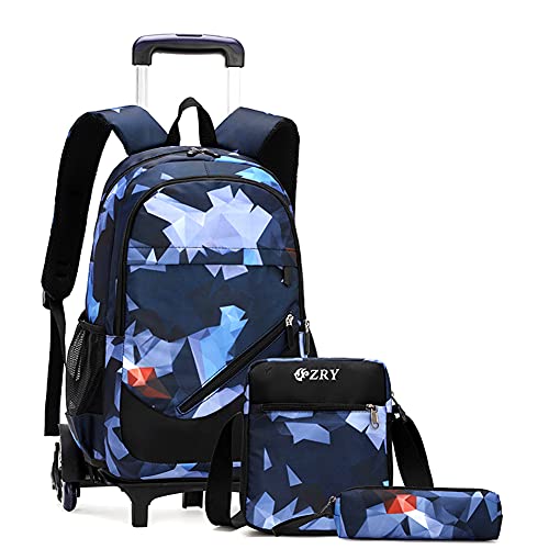 LANSHIYA 3 Pcs Kids Rolling Backpack Blue Geometric with Wheels Trolley School Bag Set for Boys