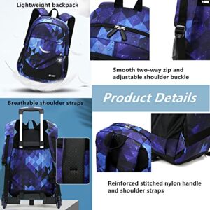 LANSHIYA 3 Pcs Kids Rolling Backpack Blue Geometric with Wheels Trolley School Bag Set for Boys