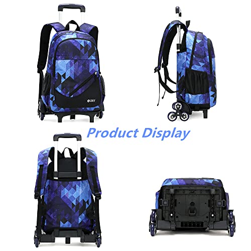 LANSHIYA 3 Pcs Kids Rolling Backpack Blue Geometric with Wheels Trolley School Bag Set for Boys