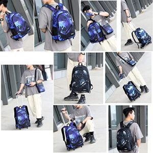 LANSHIYA 3 Pcs Kids Rolling Backpack Blue Geometric with Wheels Trolley School Bag Set for Boys