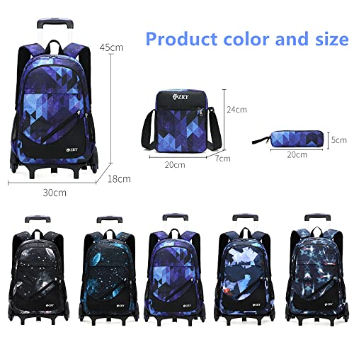 LANSHIYA 3 Pcs Kids Rolling Backpack Blue Geometric with Wheels Trolley School Bag Set for Boys