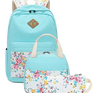 School Backpacks for Teen Girls Bookbags Lightweight Canvas Backpack Schoolbag Set (Turquoise-Flower) One_Size