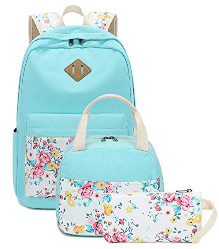 School Backpacks for Teen Girls Bookbags Lightweight Canvas Backpack Schoolbag Set (Turquoise-Flower) One_Size