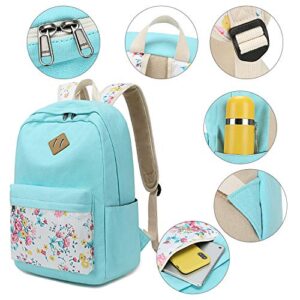 School Backpacks for Teen Girls Bookbags Lightweight Canvas Backpack Schoolbag Set (Turquoise-Flower) One_Size