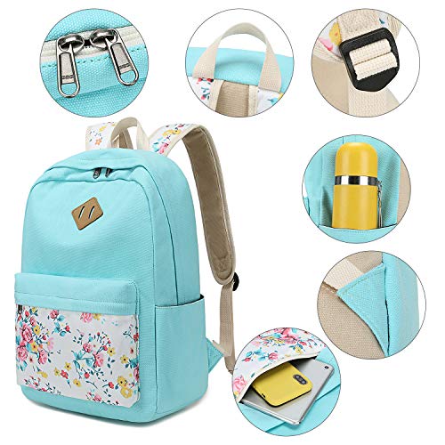 School Backpacks for Teen Girls Bookbags Lightweight Canvas Backpack Schoolbag Set (Turquoise-Flower) One_Size