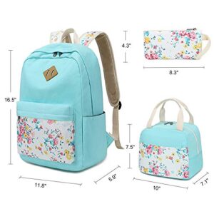 School Backpacks for Teen Girls Bookbags Lightweight Canvas Backpack Schoolbag Set (Turquoise-Flower) One_Size