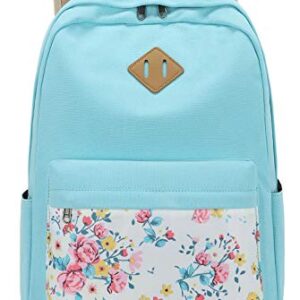 School Backpacks for Teen Girls Bookbags Lightweight Canvas Backpack Schoolbag Set (Turquoise-Flower) One_Size