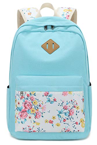 School Backpacks for Teen Girls Bookbags Lightweight Canvas Backpack Schoolbag Set (Turquoise-Flower) One_Size