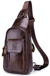 bullcaptain genuine leather men sling bag travel crossbody chest bag large capacity casual hiking daypack (brown)