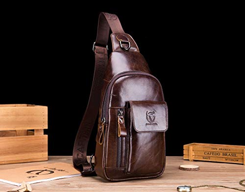 BULLCAPTAIN Genuine Leather Men Sling Bag Travel Crossbody Chest Bag Large Capacity Casual Hiking Daypack (Brown)