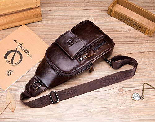 BULLCAPTAIN Genuine Leather Men Sling Bag Travel Crossbody Chest Bag Large Capacity Casual Hiking Daypack (Brown)