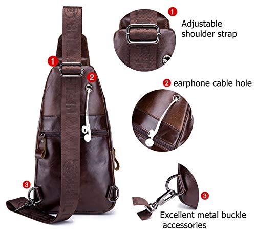 BULLCAPTAIN Genuine Leather Men Sling Bag Travel Crossbody Chest Bag Large Capacity Casual Hiking Daypack (Brown)