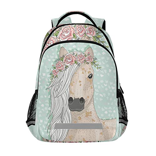 Horse Flowers Backpack for Boys Girls, Teal Fairytale Pony Bookbag Elementary Schoolbag Travel Bag Casual Daypack Rucksack for Students