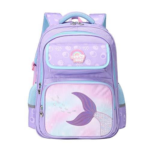 Tanou Kids Backpacks for Girls, 16'' Elementary School Backpack, Breathable Bookbags with Reflective Strip for Girl 6-12 Years, Mermaid