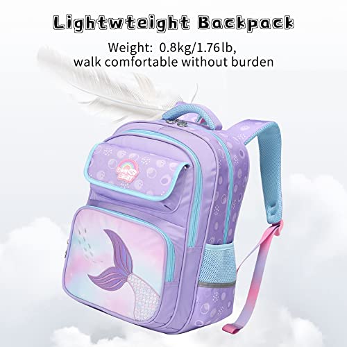 Tanou Kids Backpacks for Girls, 16'' Elementary School Backpack, Breathable Bookbags with Reflective Strip for Girl 6-12 Years, Mermaid