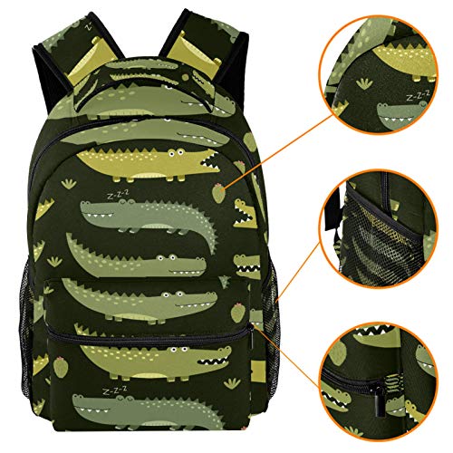 Kids School Backpacks Cute Green Gator Crocodile Pattern 16 IN Student Bookbag Small Daypack for Preschool,Kindergarten,Elementary School