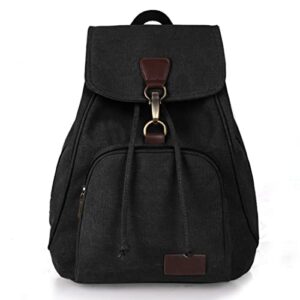 WITERY Canvas Backpack Purse for Women- 15.7 inch Laptop Bag Small Black Vintage Rucksack, Cute Casual Drawstring School Daypack for Hiking Travel Work