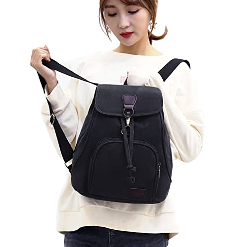 WITERY Canvas Backpack Purse for Women- 15.7 inch Laptop Bag Small Black Vintage Rucksack, Cute Casual Drawstring School Daypack for Hiking Travel Work