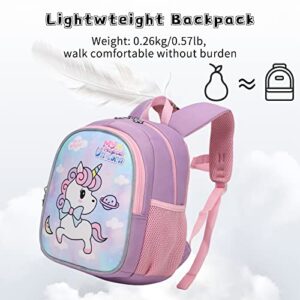 Tanou Toddler Backpack for Girls, 11 Inch Kids Backpacks for Preschool Kindergarten, Cute Cartoon Animal Style School Bag for Little Kids Aged 1-3 Years, Purple Unicorn