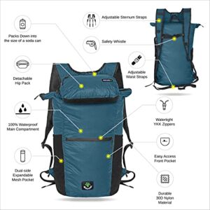 4Monster Hiking Daypack,2 in 1 Water Resistant Lightweight Backpack,Portable Fanny Pack Waist Pack for Travel Camping Outdoor (32L, Blue)