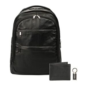 VELEZ Water Resistant Leather Backpack + Wallet with Matching Key Fob Gift Set