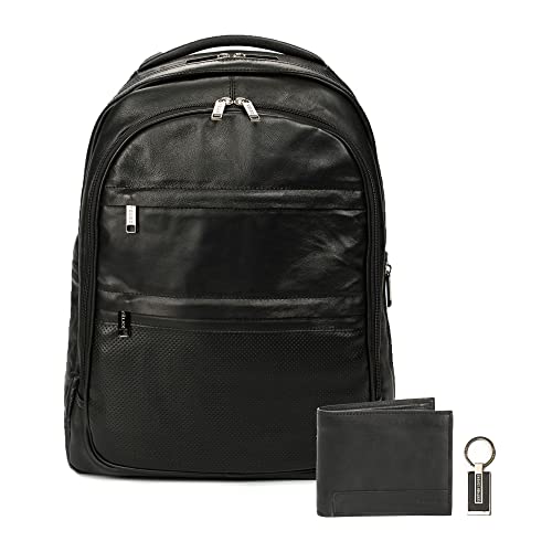 VELEZ Water Resistant Leather Backpack + Wallet with Matching Key Fob Gift Set