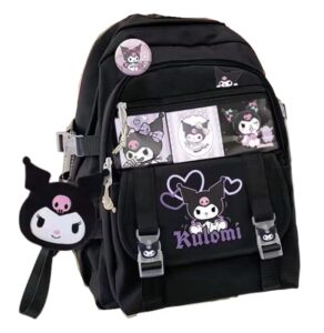 edles elves backpack school bag withe side pokect large suitable for boy girl ​hiking camping picnic (black, doll, card, badge)