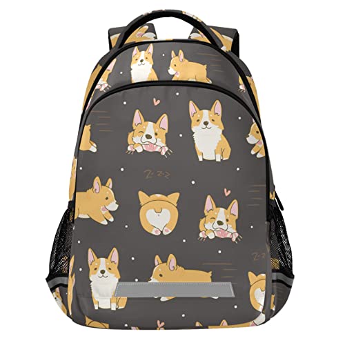 Corgi Cute Dogs School Backpack for Boys Girls Portable Wide shoulder strap Backpack Lightweight Travel Bag College Casual Daypack with Reflective Strip