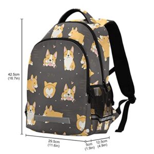 Corgi Cute Dogs School Backpack for Boys Girls Portable Wide shoulder strap Backpack Lightweight Travel Bag College Casual Daypack with Reflective Strip