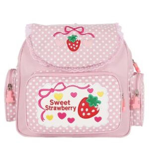 aobiono kawaii strawberry backpack mini cute anime aesthetic pink lace polka dot small bookbag japanese cartoon fruit bag