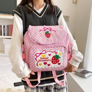 Aobiono Kawaii Strawberry Backpack Mini Cute Anime Aesthetic Pink Lace Polka Dot Small Bookbag Japanese Cartoon Fruit Bag