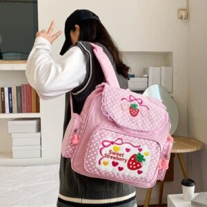 Aobiono Kawaii Strawberry Backpack Mini Cute Anime Aesthetic Pink Lace Polka Dot Small Bookbag Japanese Cartoon Fruit Bag