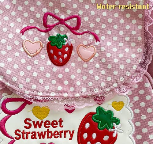 Aobiono Kawaii Strawberry Backpack Mini Cute Anime Aesthetic Pink Lace Polka Dot Small Bookbag Japanese Cartoon Fruit Bag