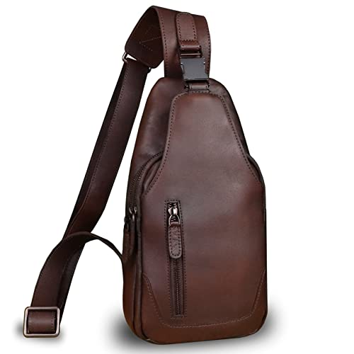 Genuine Leather Sling Bag Crossbody Purse Handmade Hiking Daypack Motorcycle Bag Retro Over the Shoulder Backpack Chest Bag (Coffee)